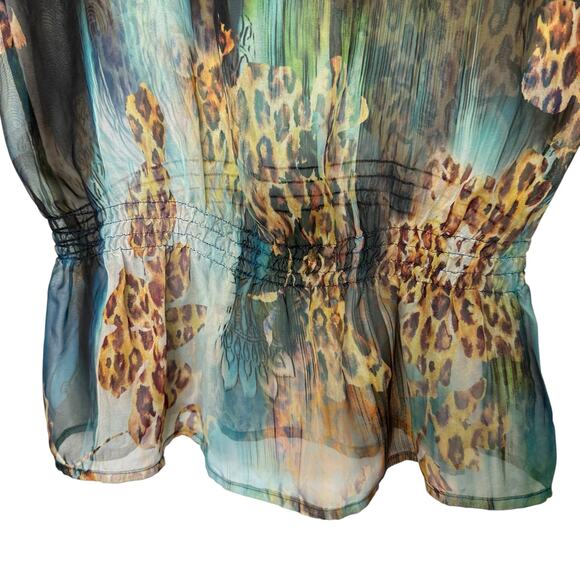Chico's Teal Animal Print Sheer Blouse with flowy sleeves & elastic waist Medium - Picture 7 of 8
